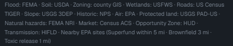 The source list closing a Tractex parcel: flood from FEMA, soil from USDA, zoning from county GIS, wetlands from USFWS, roads from US Census TIGER, slope from USGS 3DEP, historic from NPS, air from EPA, protected land from USGS PAD-US, natural hazards from FEMA NRI, market from Census ACS, Opportunity Zone from HUD, transmission from HIFLD.